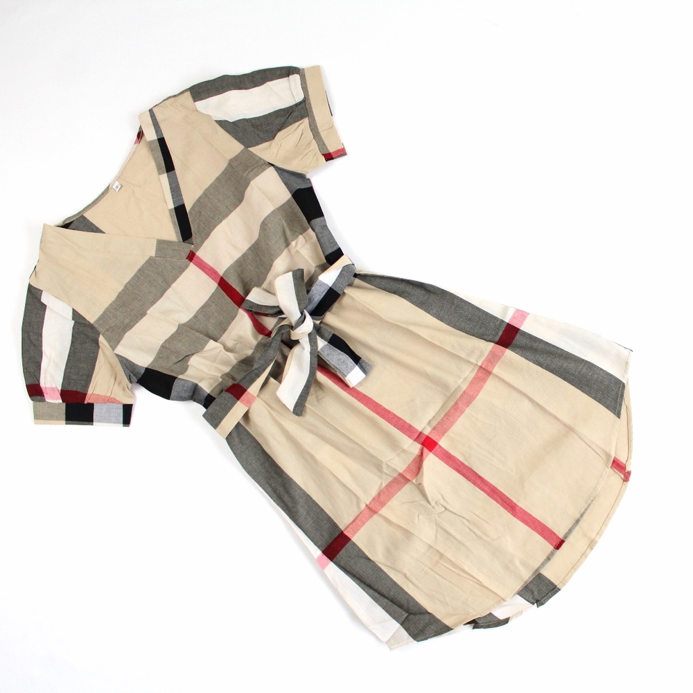 Plaid Belted Shirt Dress Short V-Neck Nude Black - Picture 7 of 8